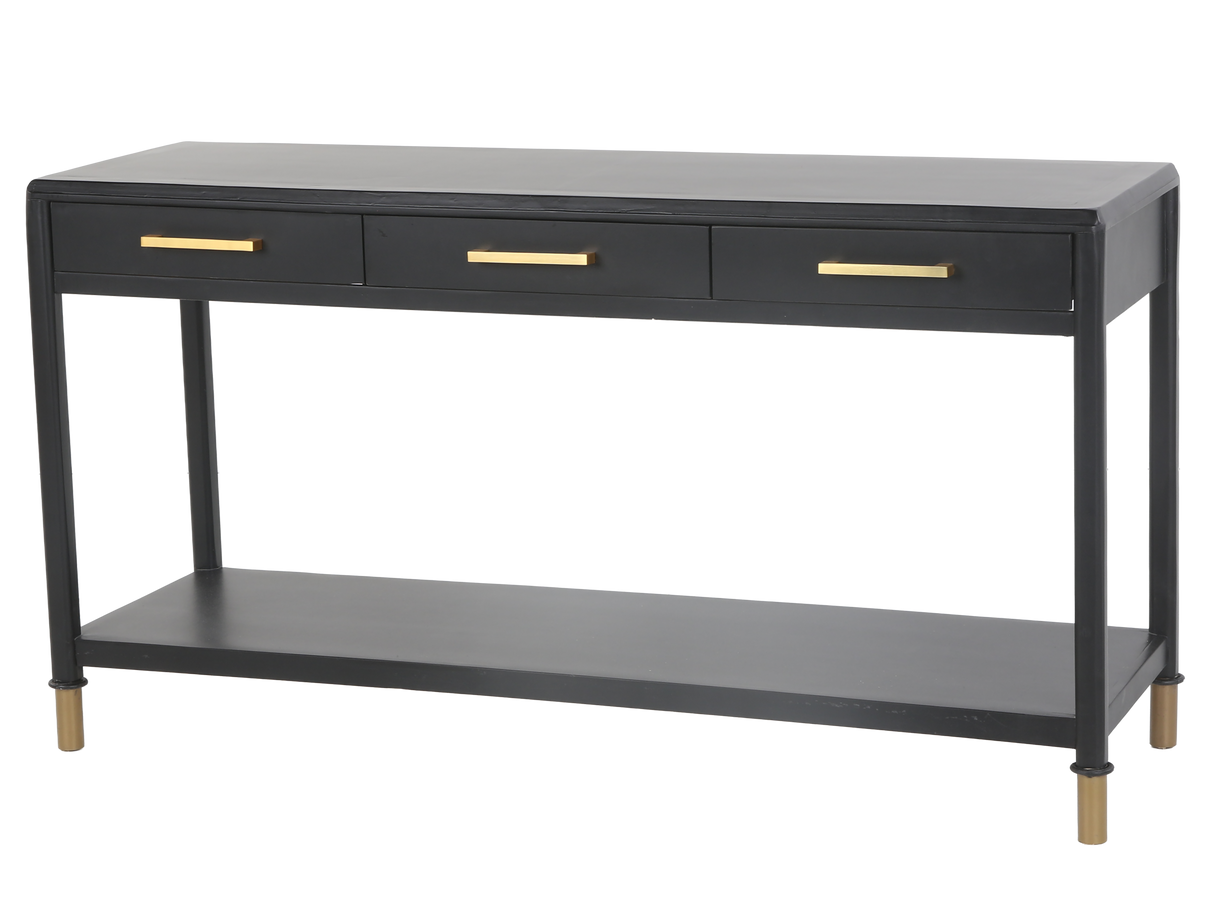 Black Modern Console Table with Brass Accents and 3 Drawers