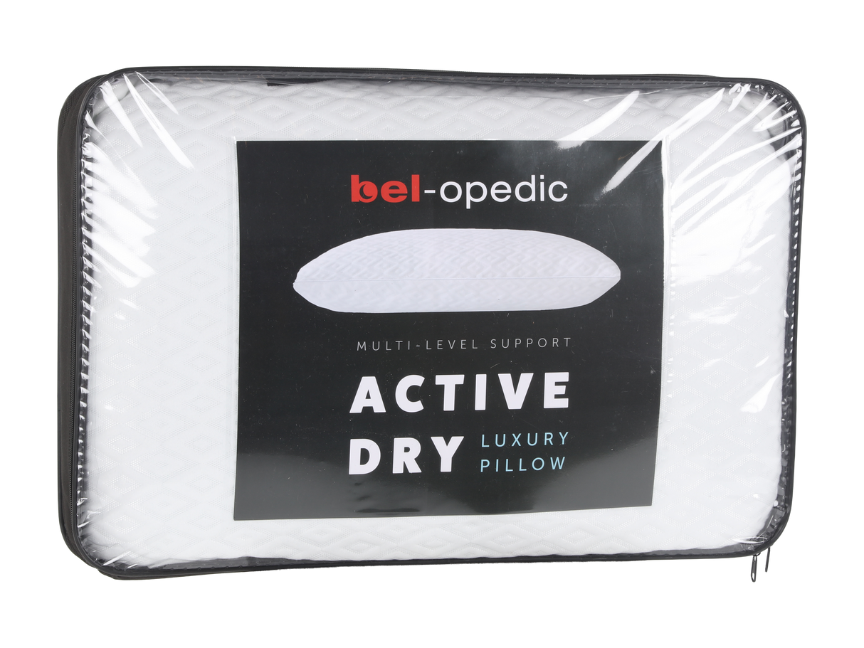 Bel-Opedic Active Dry luxury pillow in clear packaging on a white background
