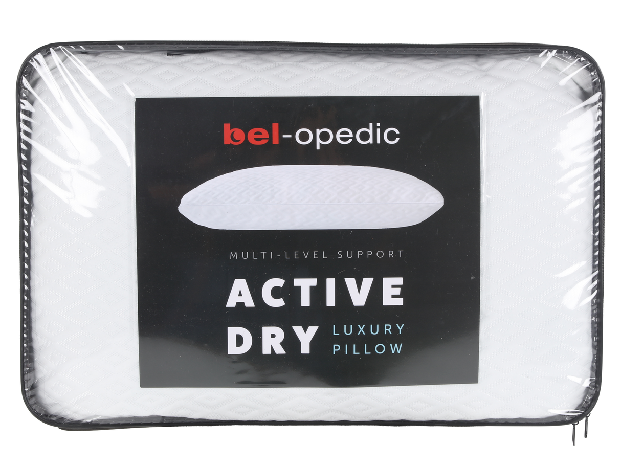 Packaged pillow with 'bel-opedic' branding on a white background