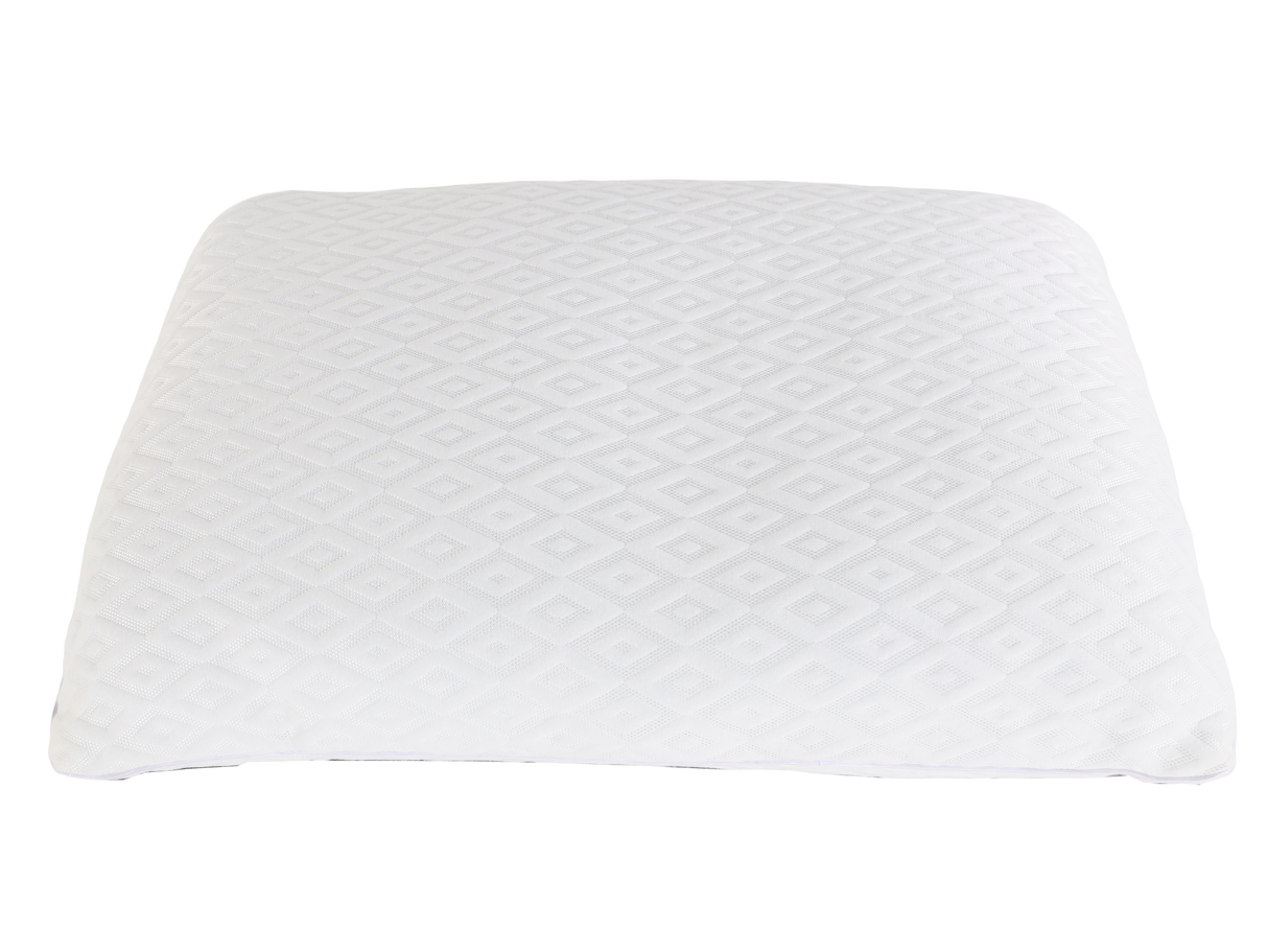 White pillow with quilted pattern on a white background