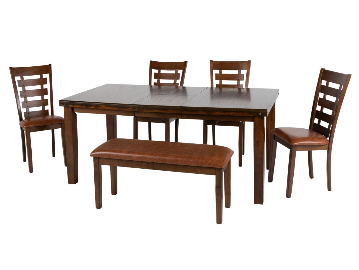 6 Piece Rectangular Dining Set with Bench – Warm Brown Finish