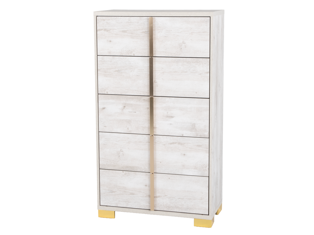 White dresser with gold accents on a white background