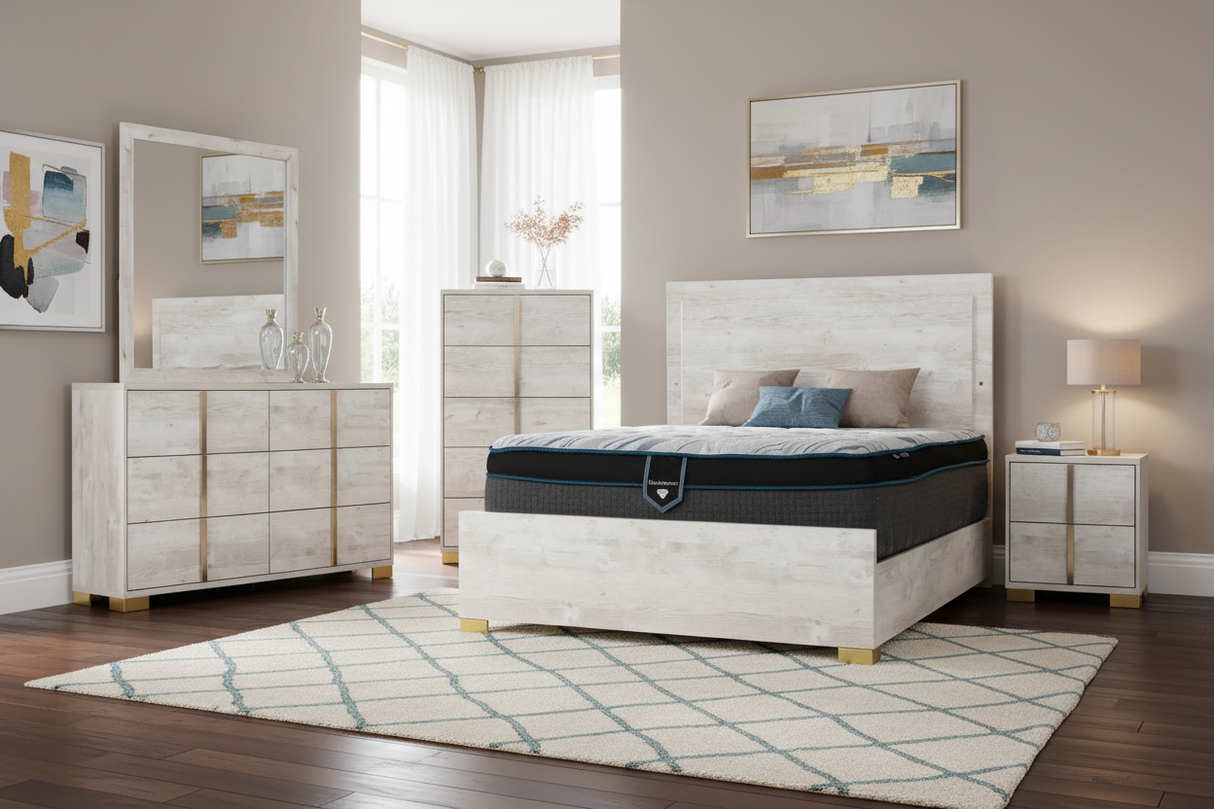 White Oak Modern 6-Piece Queen Bedroom Set (Bed, Dresser, Mirror & Nightstand)