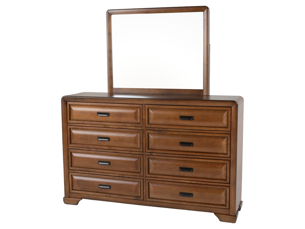 Modern Walnut & Beige Upholstered Bedroom Set with Dresser, Mirror & Nightstand