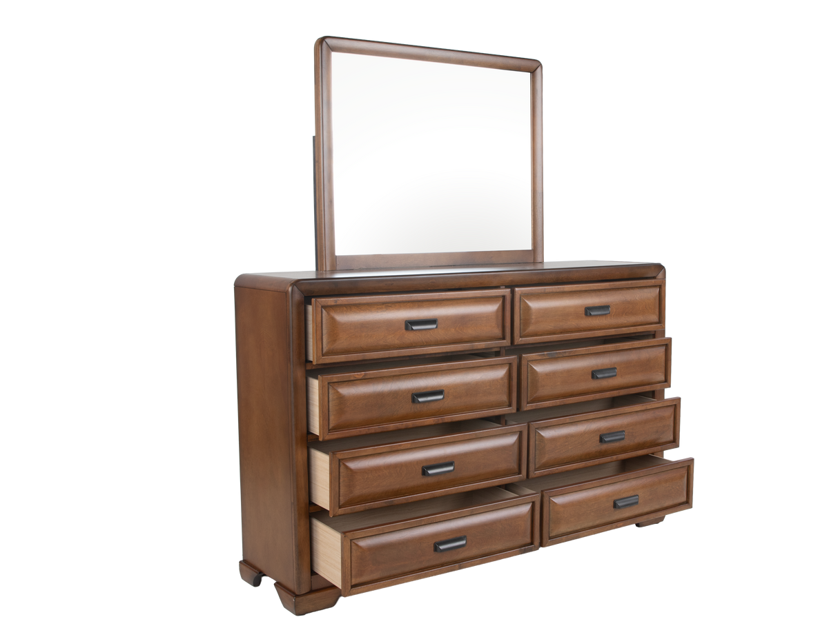 Modern Walnut & Beige Upholstered Bedroom Set with Dresser, Mirror & Nightstand