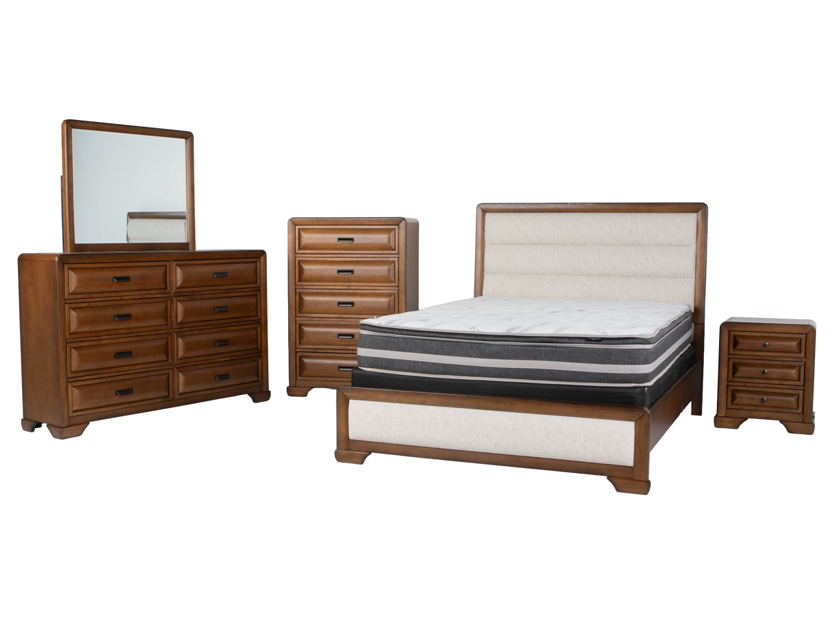 Modern Walnut & Beige Upholstered Bedroom Set with Dresser, Mirror & Nightstand
