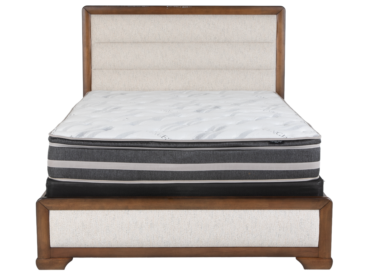 Modern Walnut & Beige Upholstered Bedroom Set with Dresser, Mirror & Nightstand