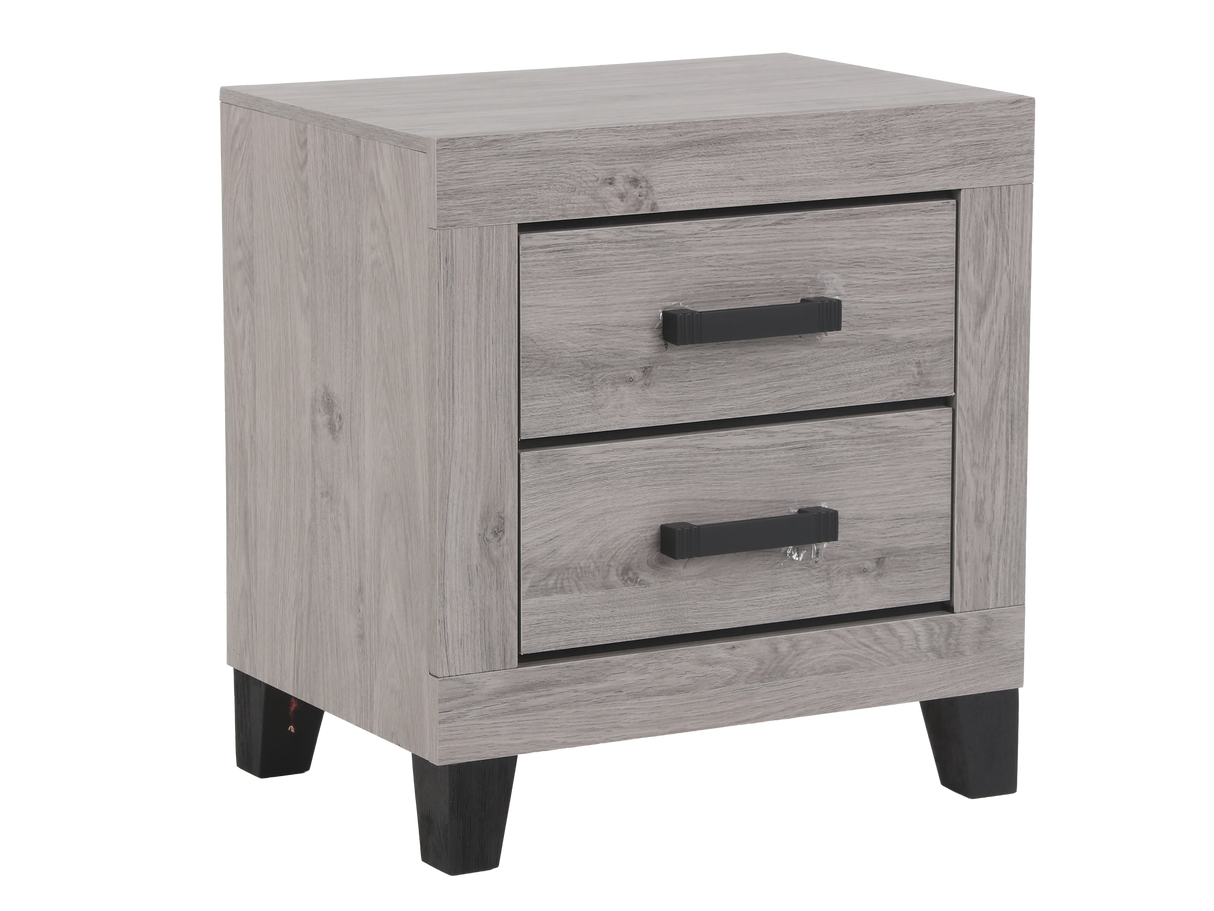 Gray wooden nightstand with two drawers on a white background