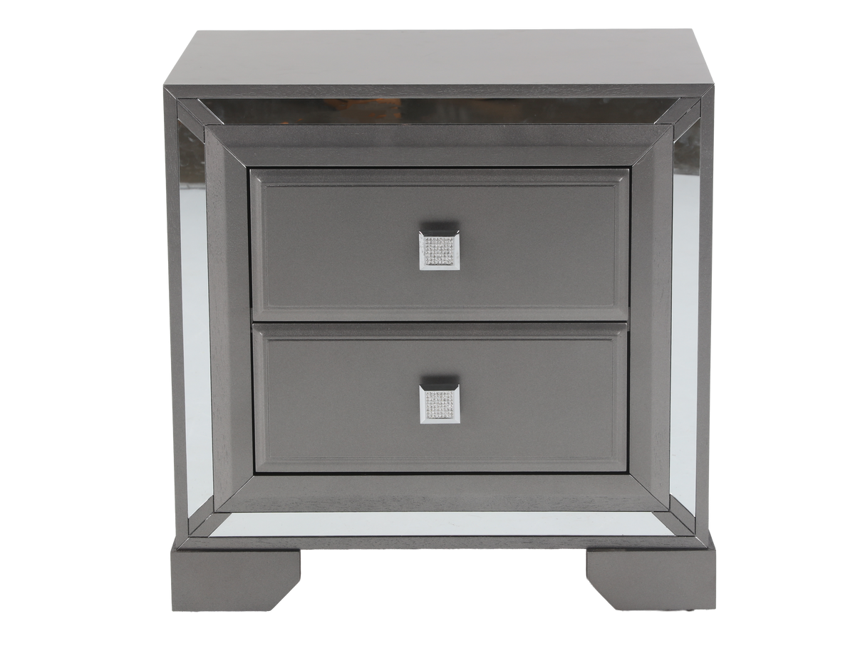 Gray nightstand with two drawers and a mirrored frame on a white background