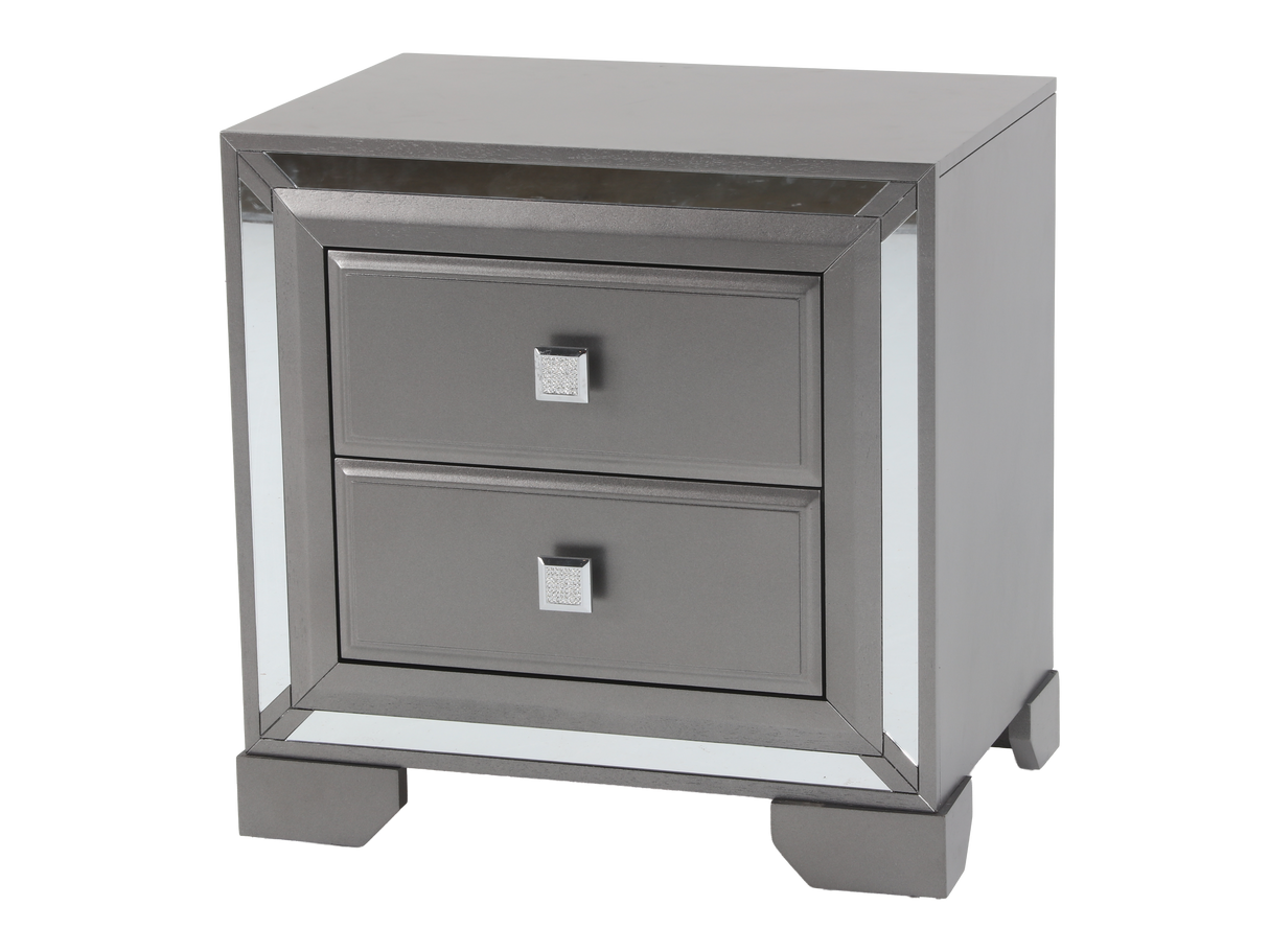 Gray nightstand with mirrored frame and two drawers on a white background