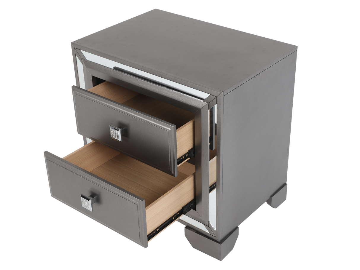 Gray metal filing cabinet with open drawer on a white background