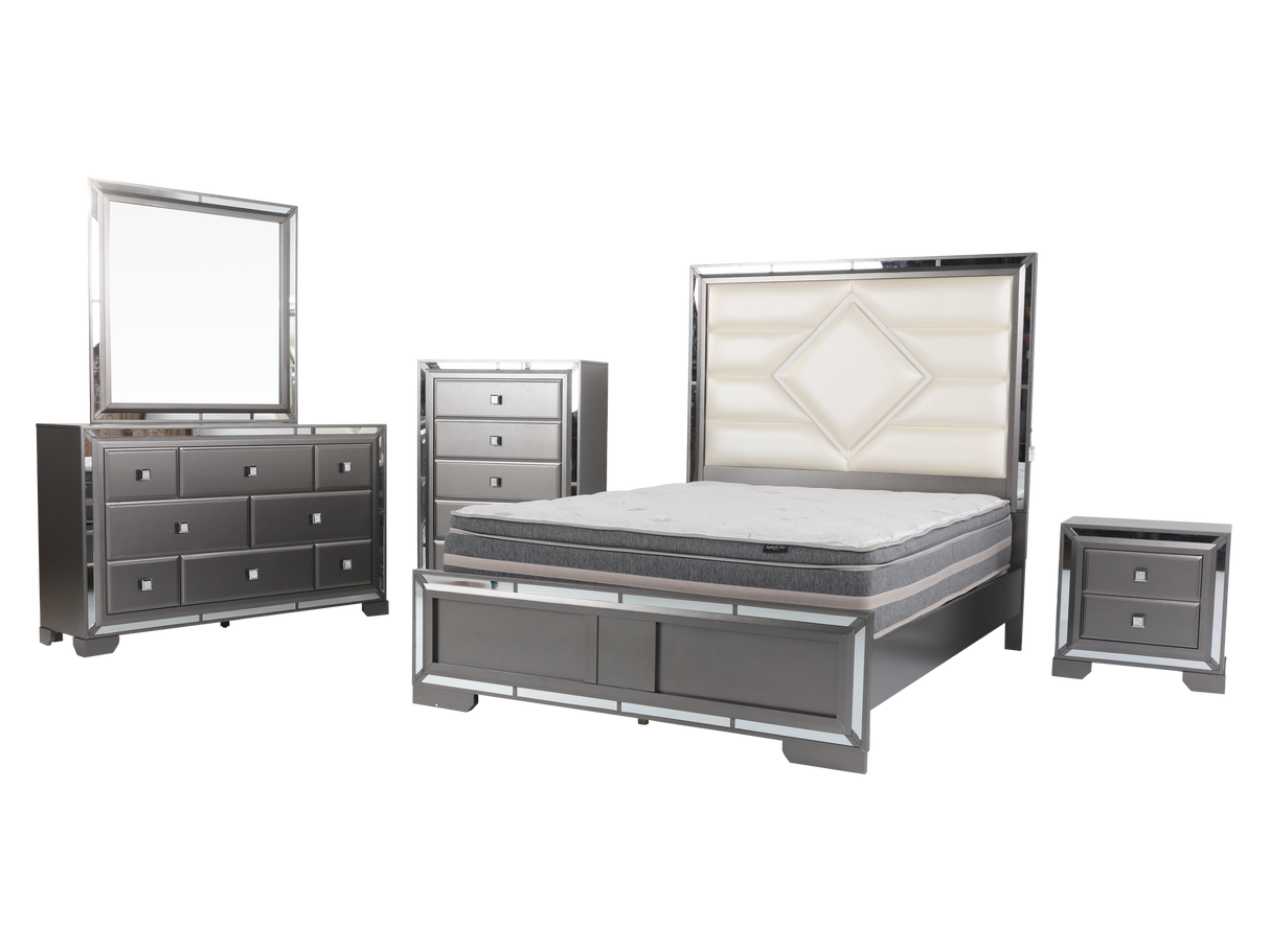 Silver bedroom furniture set with a bed, dresser, and mirror on a white background