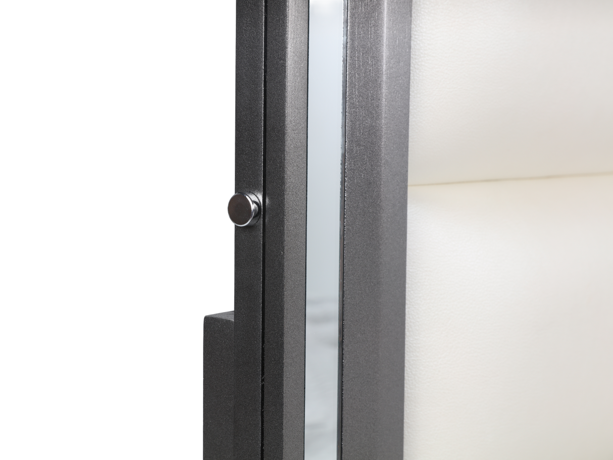 Close-up of a glass door with a metallic handle on a white background