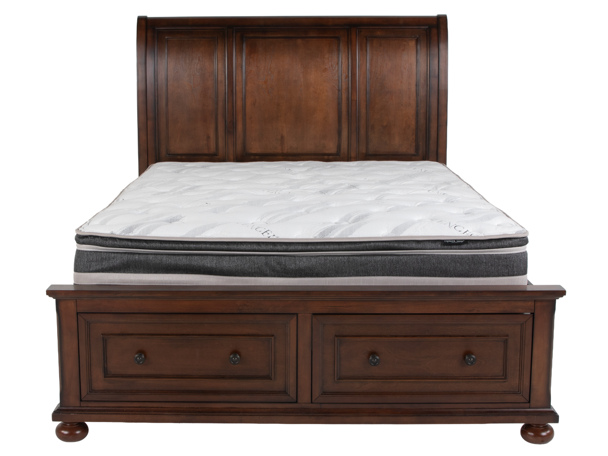 Cherry Sleigh Storage Bedroom Set with Footboard Drawers, Dresser & Mirror, Nightstand