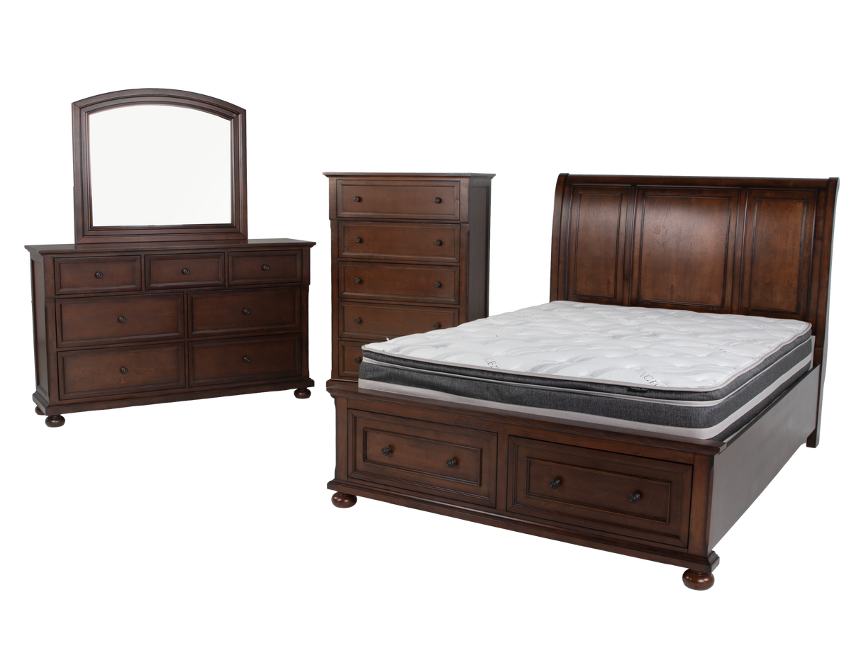Cherry Sleigh Storage Bedroom Set with Footboard Drawers, Dresser & Mirror, Nightstand