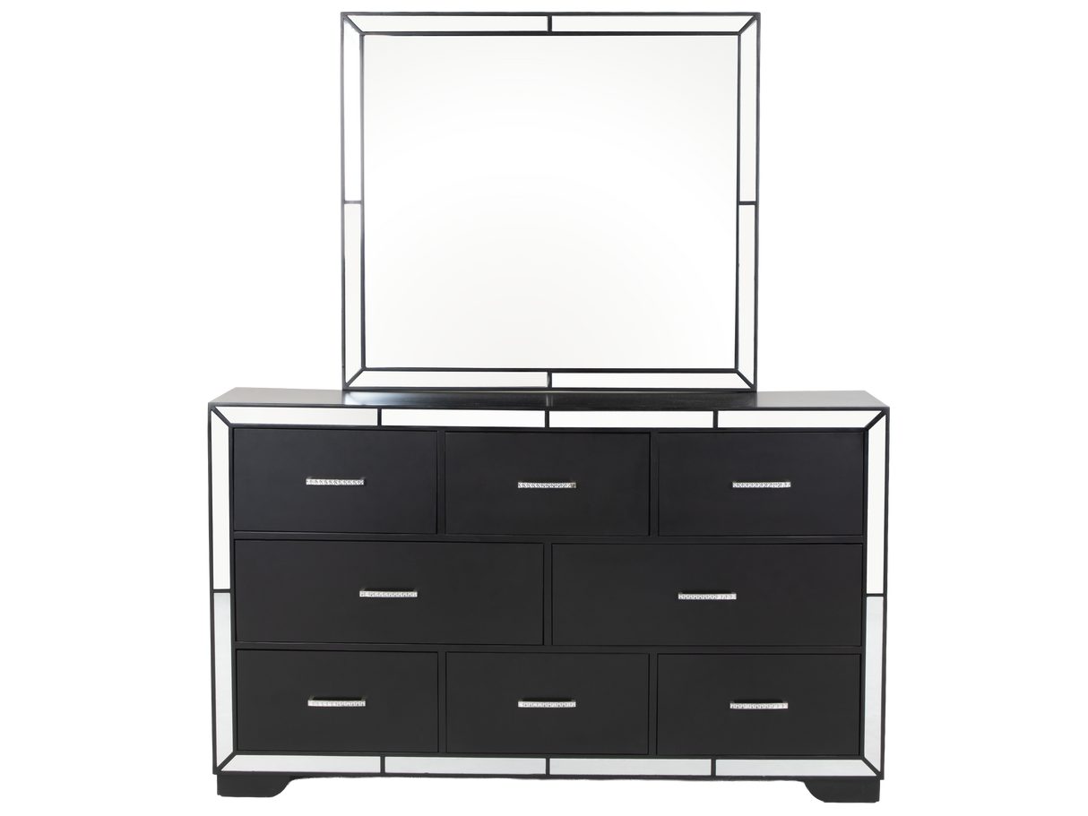 Modern Black 6-Piece Bedroom Set with Upholstered Headboard and Mirror Accents