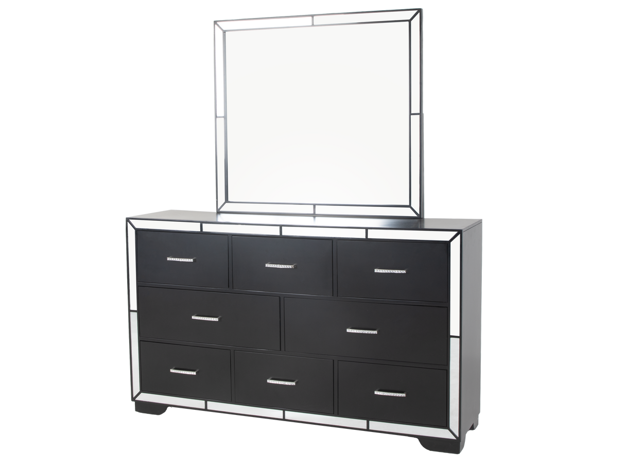 Modern Black 6-Piece Bedroom Set with Upholstered Headboard and Mirror Accents