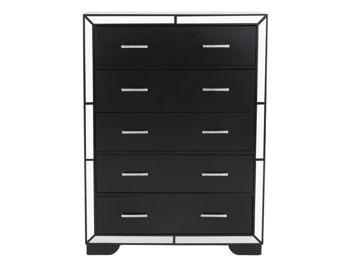Black 5-Drawer Chest with Mirrored Accents and Chrome Handles