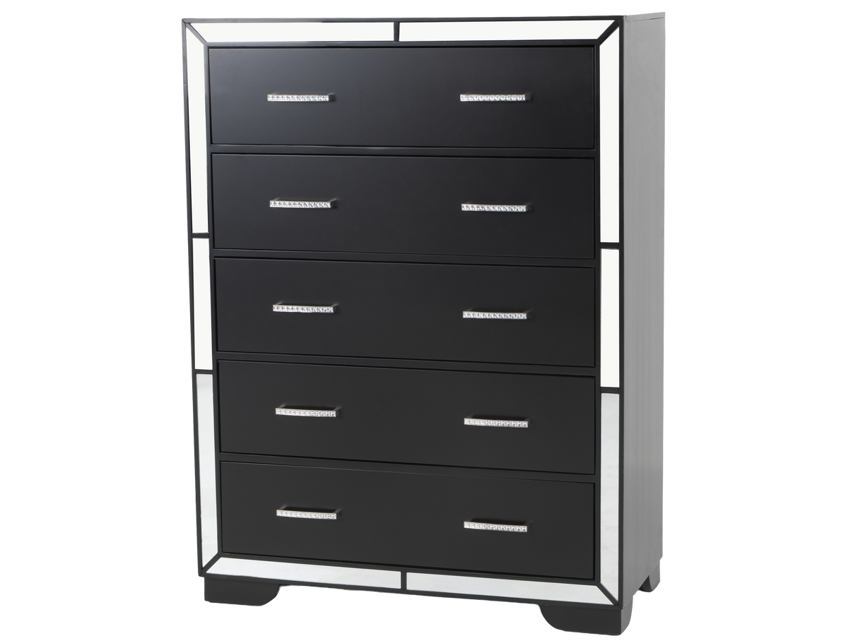 Black 5-Drawer Chest with Mirrored Accents and Chrome Handles