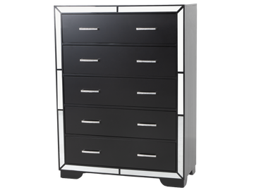 Black 5-Drawer Chest with Mirrored Accents and Chrome Handles
