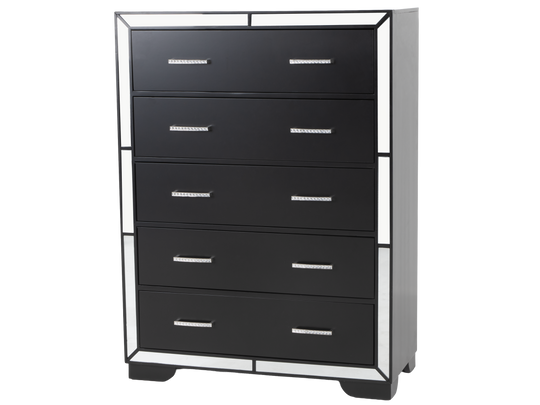Black 5-Drawer Chest with Mirrored Accents and Chrome Handles