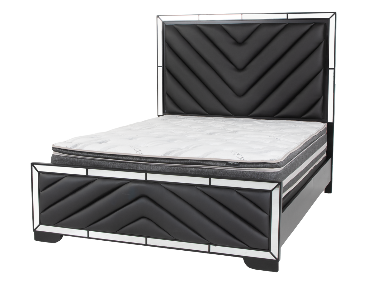 Modern Black 6-Piece Bedroom Set with Upholstered Headboard and Mirror Accents