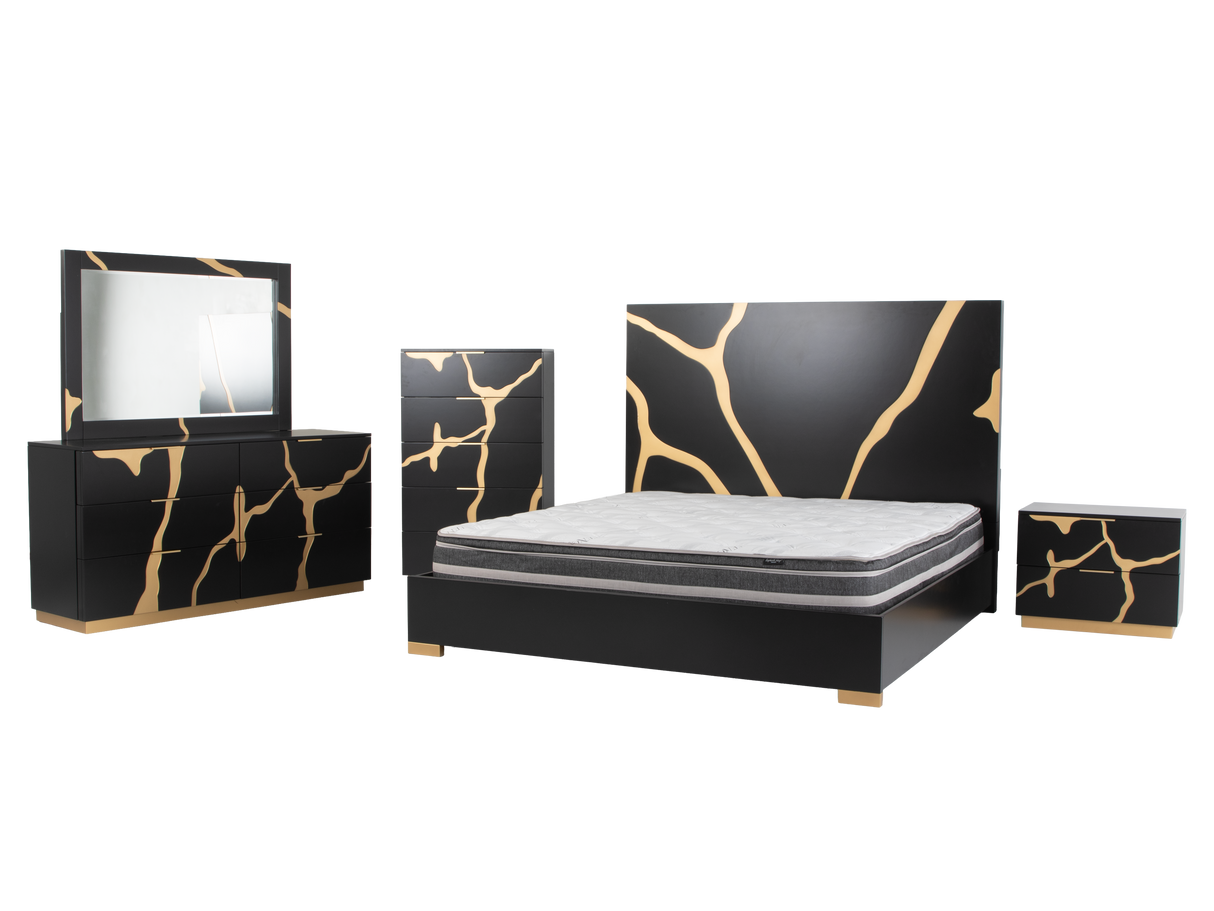 6 Piece Modern Bedroom Set - Black with Gold Accents