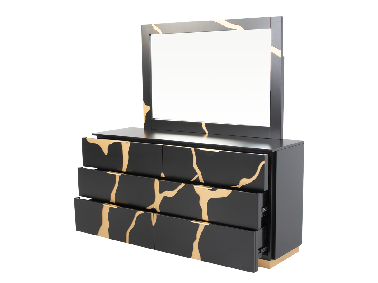 6 Piece Modern Bedroom Set - Black with Gold Accents