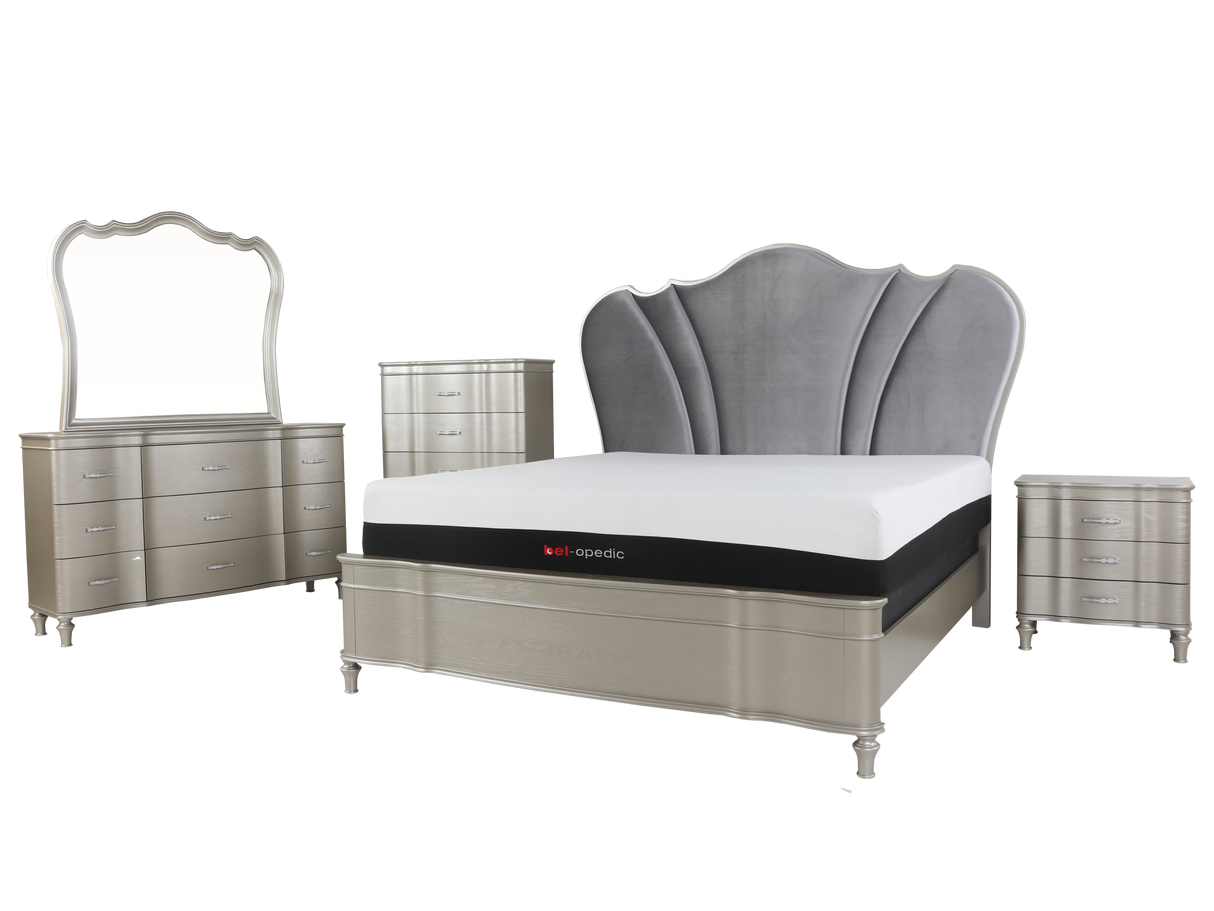 6 Piece Champagne Velvet Scalloped Bedroom Set by Mollai Collections | Bel Furniture