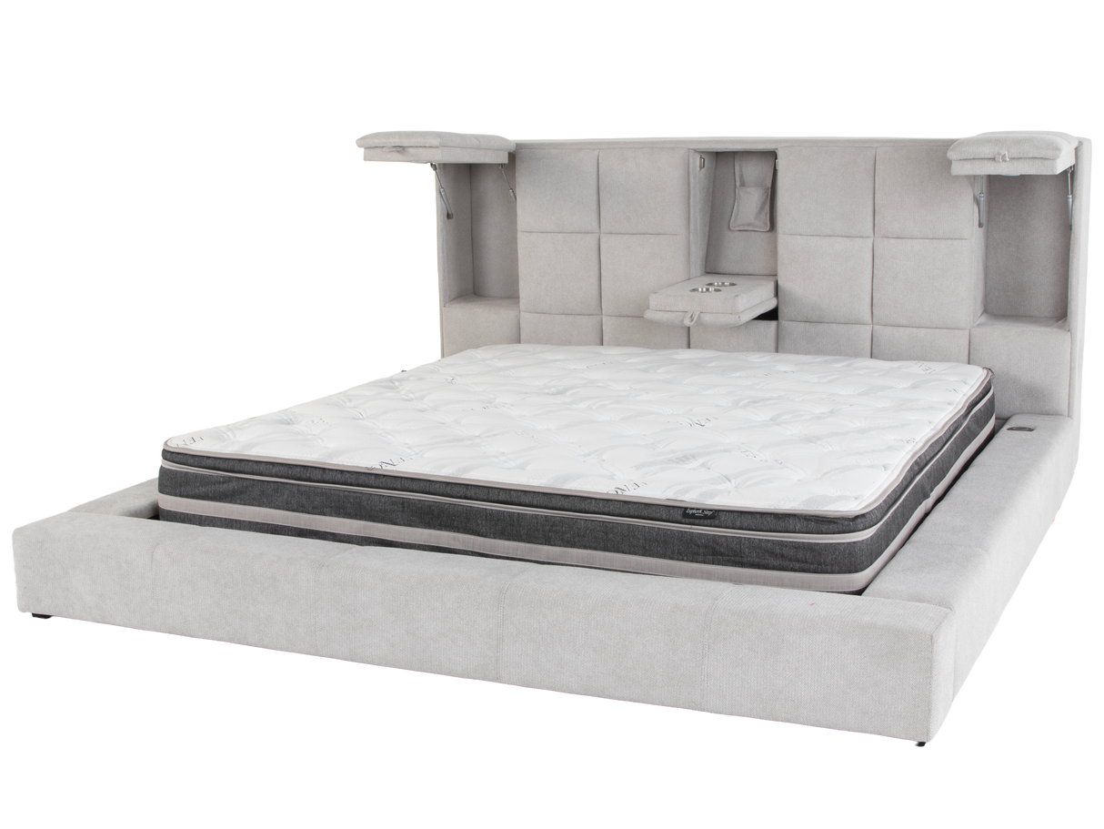 Modern Grey Upholstered Platform Bed with Storage Headboard, Wireless Charging & Speakers