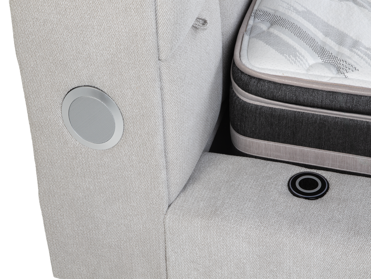 Modern Grey Upholstered Platform Bed with Storage Headboard, Wireless Charging & Speakers