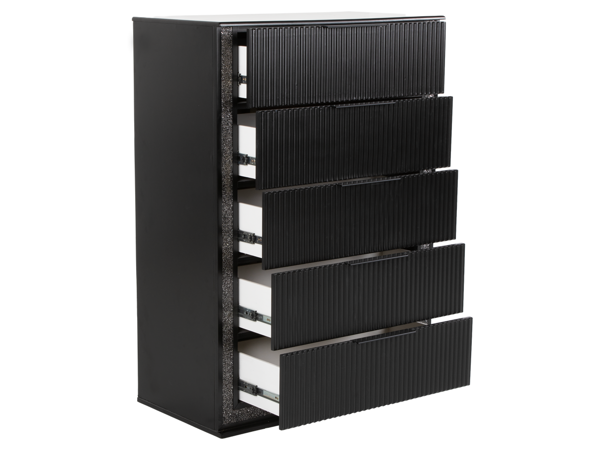 Modern Glam Black 5-Drawer Chest with Bling Trim & Felt-Lined Top Drawer