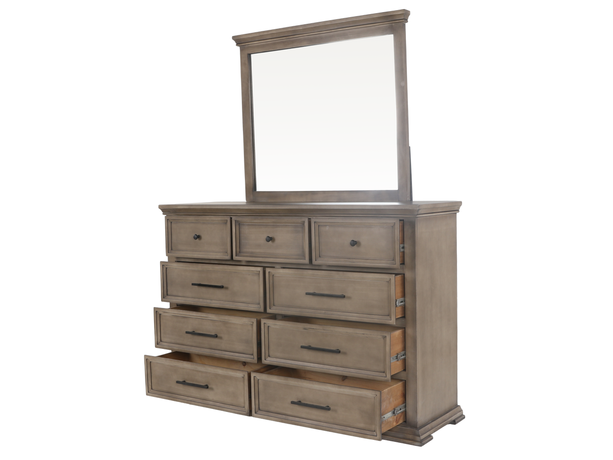 6-Piece Taupe Upholstered Bedroom Set with Dresser, Mirror & Nightstand