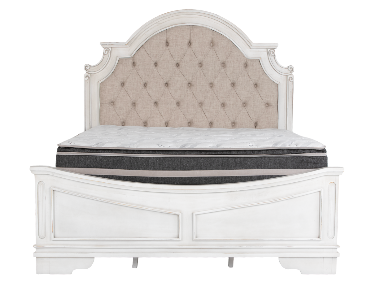 Magnolia Savanna White Farmhouse Style Upholstered Sleigh 6‑Piece Bedroom Set