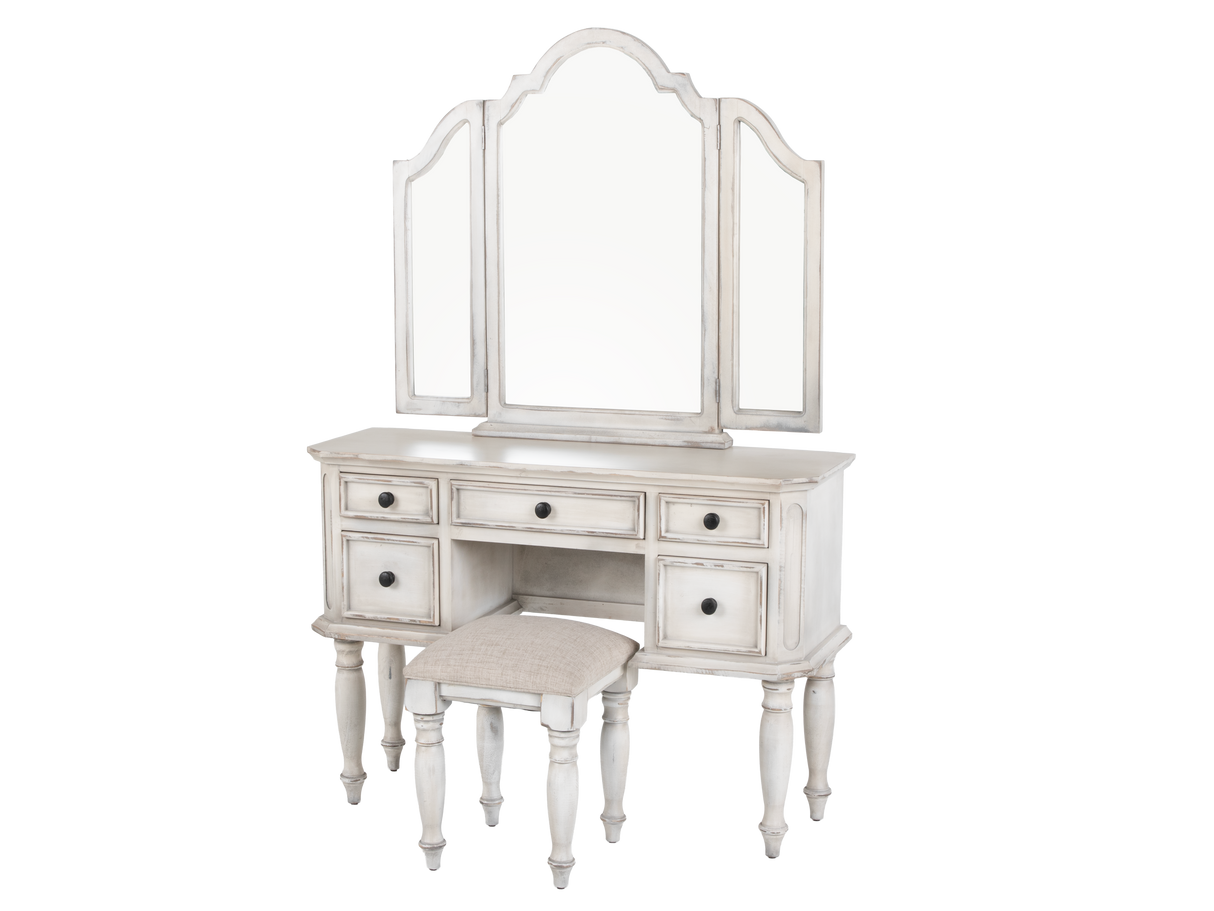 Magnolia 7-Piece Bedroom Set with Tufted Upholstered Bed, Vanity Desk, Tri-Fold Mirror, Stool & Nightstand – Savanna White Finish