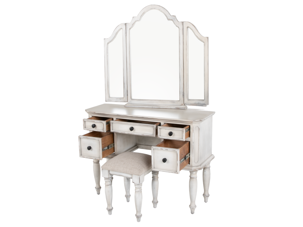 Magnolia 7-Piece Farmhouse Storage Bedroom Set with Storage Bench Footboard Bed, Vanity Desk, Tri-Fold Mirror, Stool & Nightstand – Savanna White.