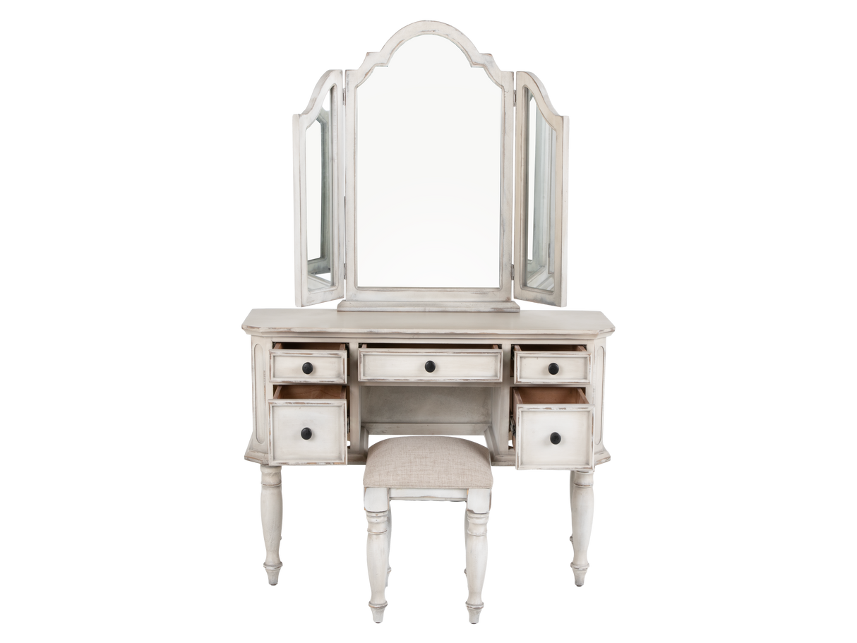 Magnolia 7-Piece Bedroom Set with Tufted Upholstered Bed, Vanity Desk, Tri-Fold Mirror, Stool & Nightstand – Savanna White Finish