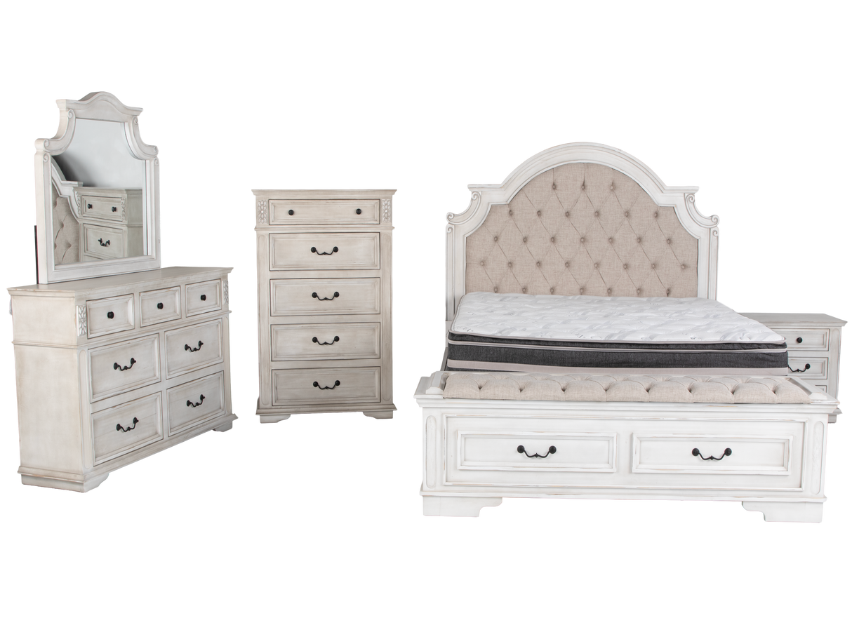Magnolia Savanna White Farmhouse 6‑Piece Bedroom Set with Storage Footboard Bench