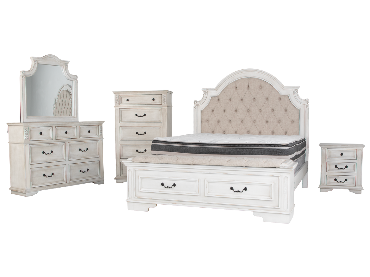 Magnolia Savanna White Farmhouse 6‑Piece Bedroom Set with Storage Footboard Bench