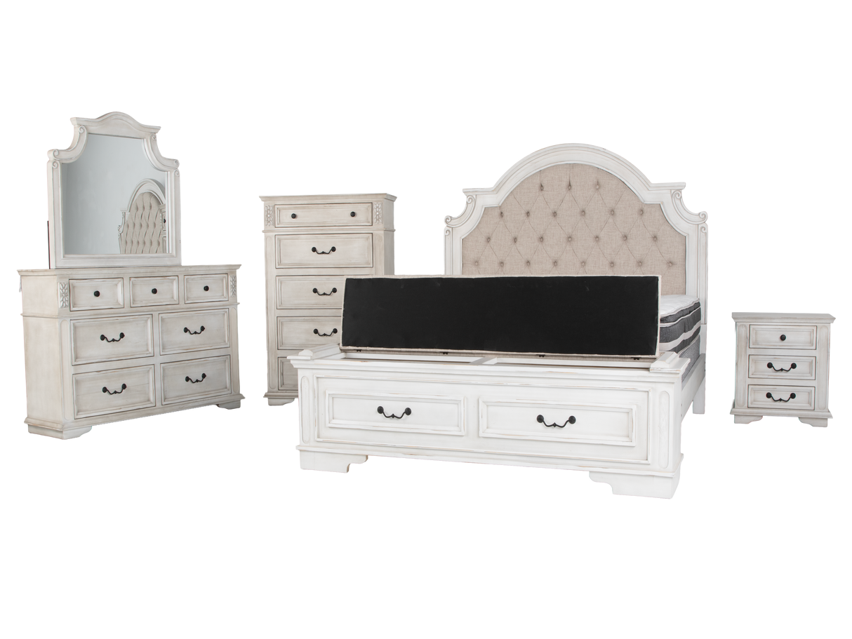 Magnolia Savanna White Farmhouse 6‑Piece Bedroom Set with Storage Footboard Bench