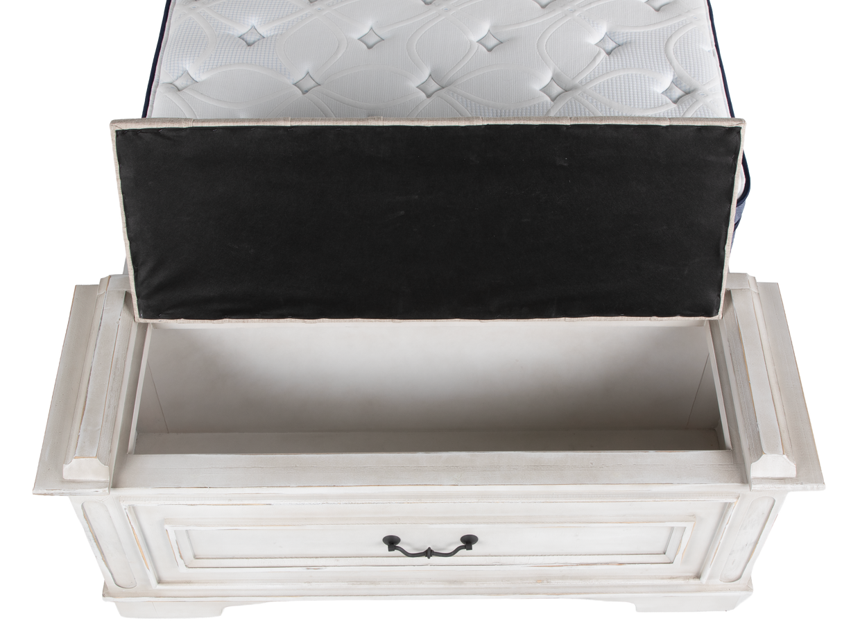 Magnolia 7-Piece Farmhouse Storage Bedroom Set with Storage Bench Footboard Bed, Vanity Desk, Tri-Fold Mirror, Stool & Nightstand – Savanna White.