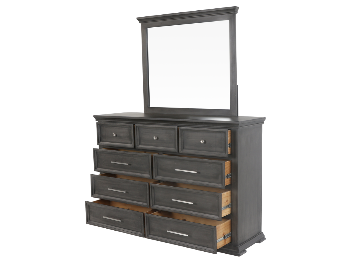 6-Piece Gray Upholstered Panel Bedroom Set with Dresser, Mirror & Nightstand