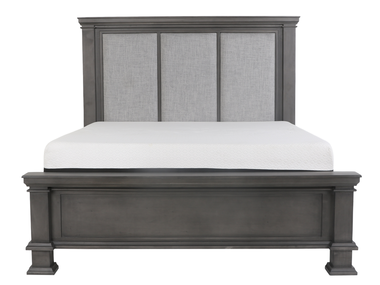 6-Piece Gray Upholstered Panel Bedroom Set with Dresser, Mirror & Nightstand