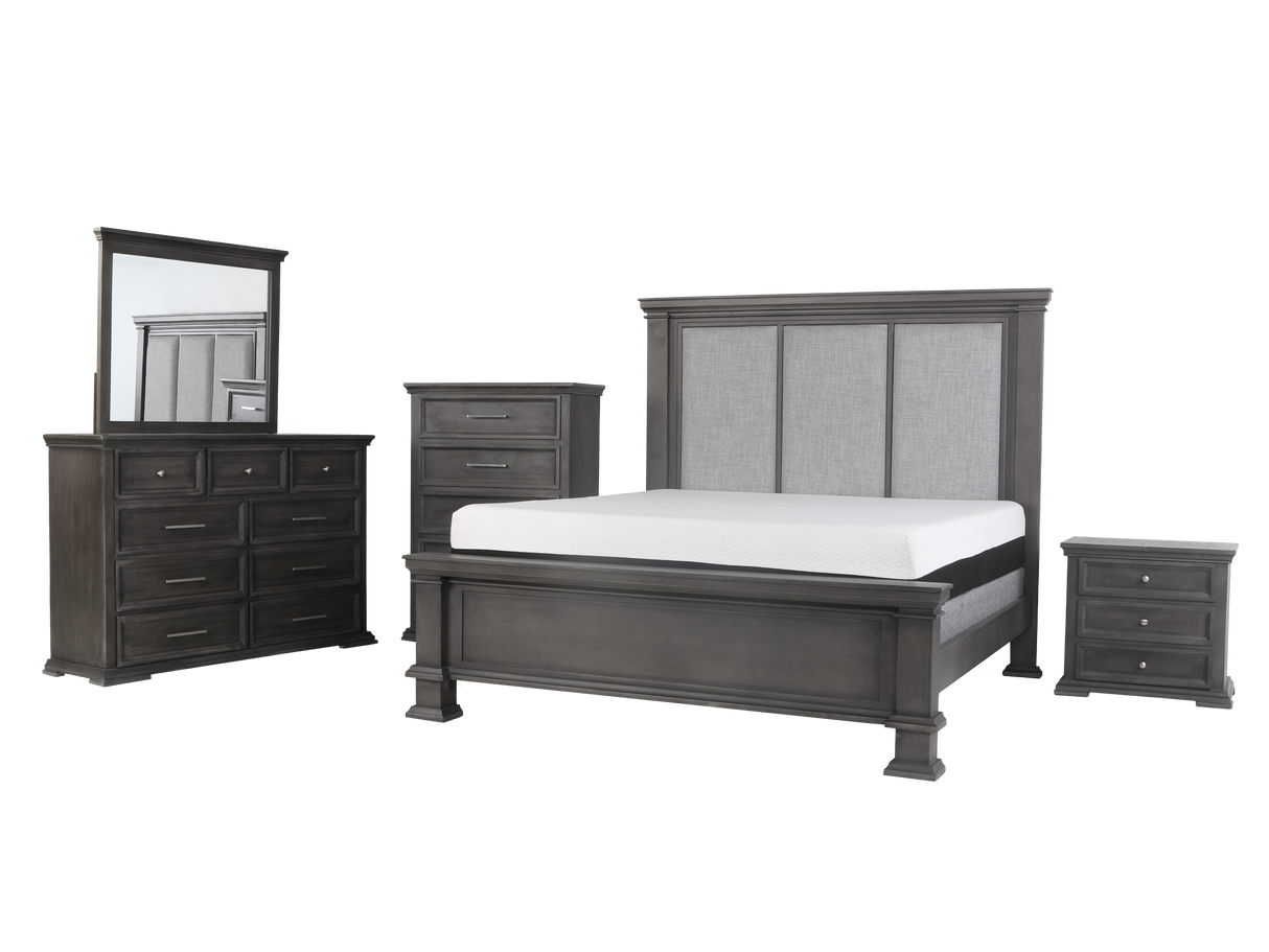 6-Piece Gray Upholstered Panel Bedroom Set with Dresser, Mirror & Nightstand