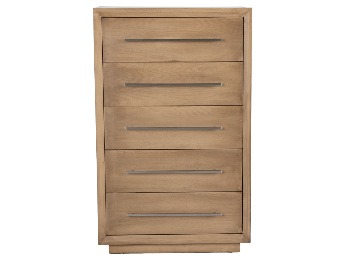 Wooden dresser with five drawers on a white background