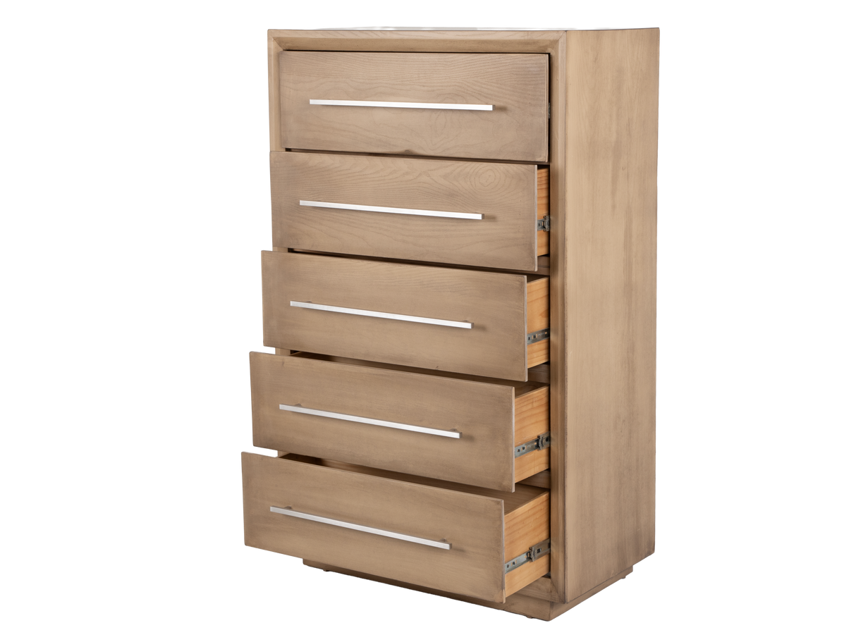 Wooden dresser with five drawers on a white background