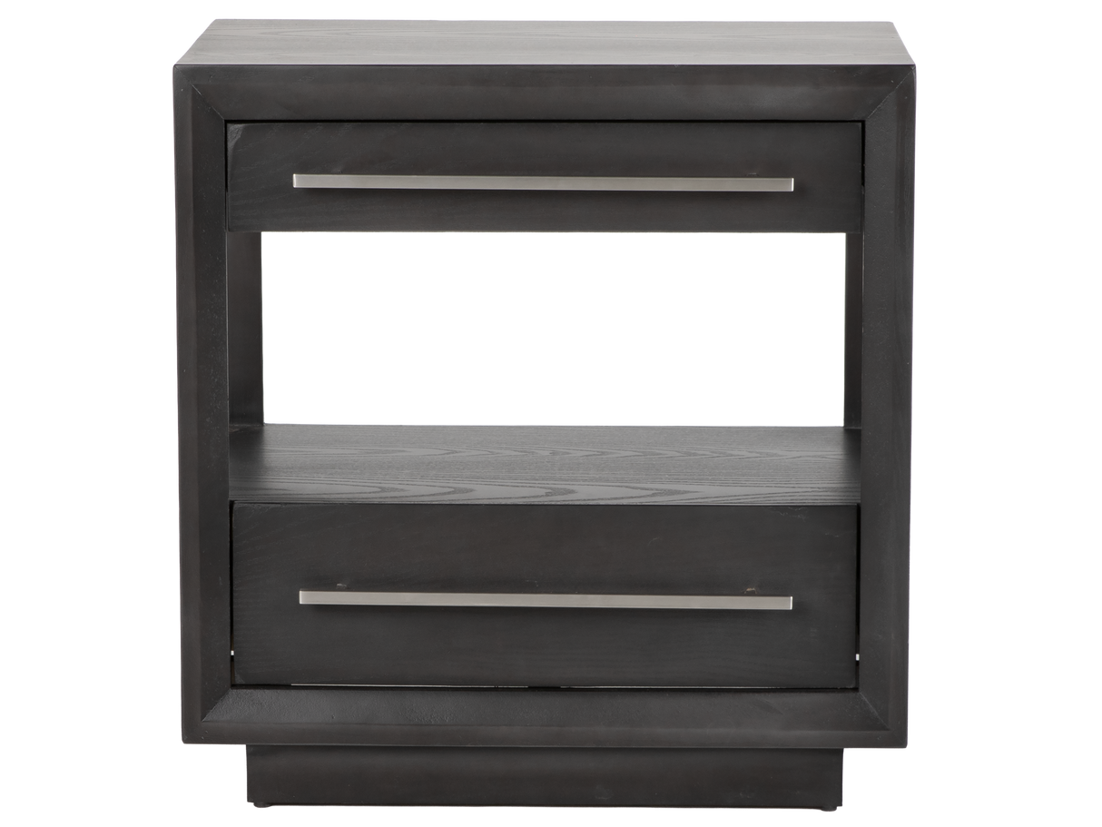 Black nightstand with two drawers on a white background
