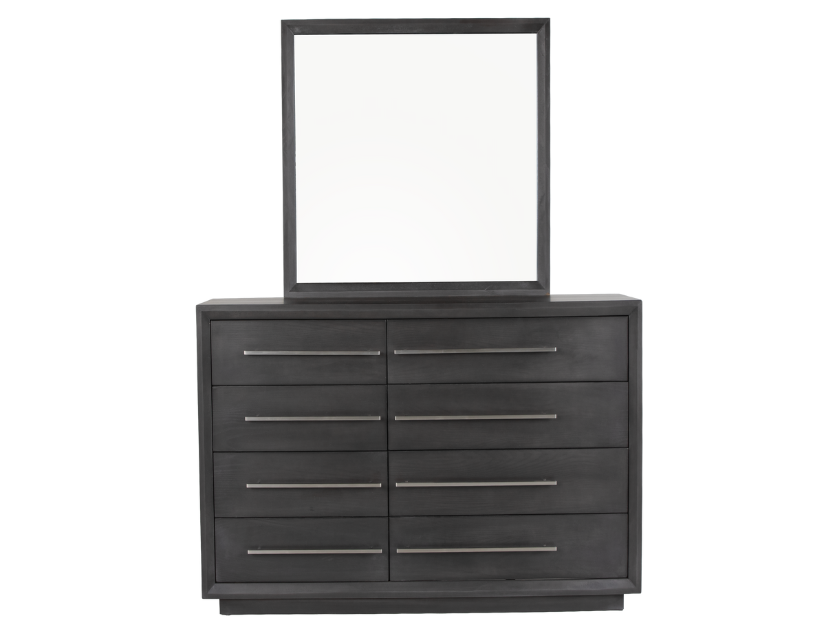 Dark wood dresser with six drawers and a matching mirror on a white background