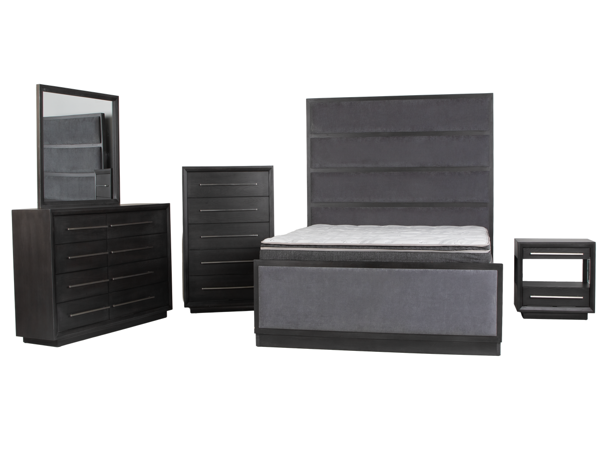 Black bedroom furniture set with bed, dresser, and nightstands on a white background