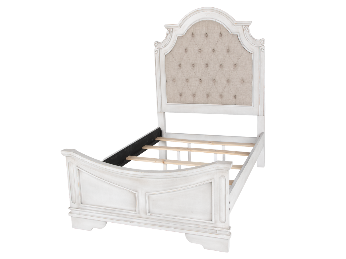 Magnolia 7-Piece Bedroom Set with Tufted Upholstered Bed, Vanity Desk, Tri-Fold Mirror, Stool & Nightstand – Savanna White Finish